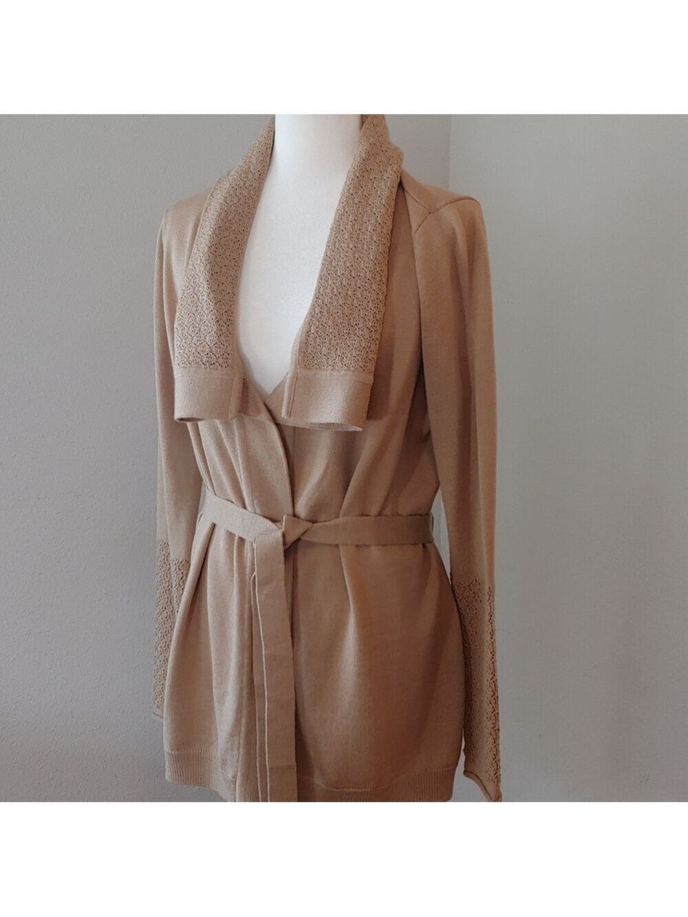Calvin Klein Belted Wool Blend Wrap Cardigan Coat in Camel Tan Women's Large - Picture 3 of 16